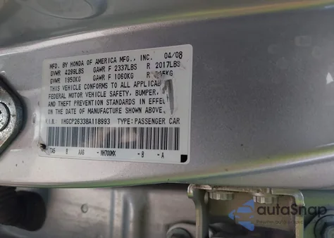 2008 Honda Accord 2.4 Lx from USA, damaged, VIN 1HGCP26338A118993